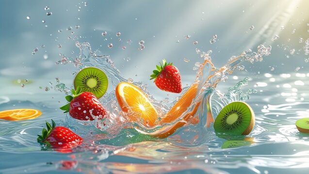 Ripe Strawberries Oranges Kiwis Splashing Water splash fruit - Powered by Adobe