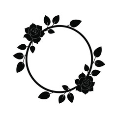 Rose and leaf circular floral frame silhouette for elegant natural botanical card decor