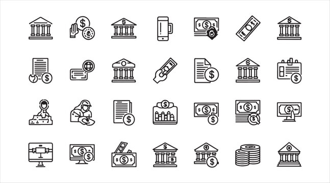 Pixel-perfect banking line icon set with 32px grid and adjustable stroke width.