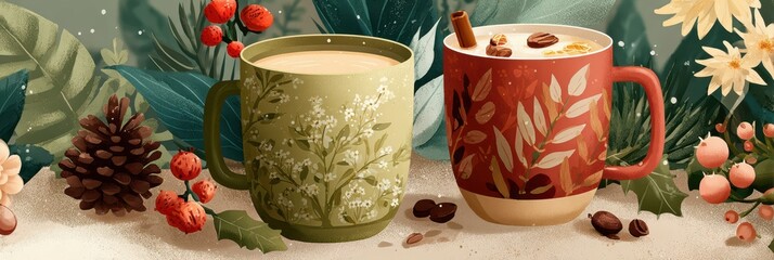 Warm mugs of spiced beverages surrounded by autumn leaves and berries in a cozy setting during fall