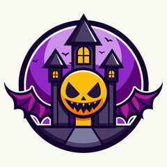 Abstract vector illustration of logo for celebrating children's holiday,halloween yellow pumpkin poster closeup on background.Halloween drawing consisting of tag,label,smile,monster,poster,face,party.