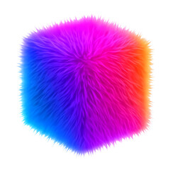 Colorful furry cube with soft fluffy gradient fur texture in rainbow neon hues, 3D abstract geometric shape on black background, vibrant modern AI-generated design asset for creatives