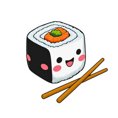 Cute cartoon sushi roll with a happy face and chopsticks