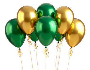 3D Render of Gold and Green Balloons Floating Together, isolated on transparent background PNG