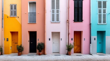 Colorful row houses with doors and shutters. Unique, vibrant hues of buildings