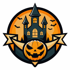 Abstract vector illustration of logo for celebrating children's holiday,halloween yellow pumpkin poster closeup on background.Halloween drawing consisting of tag,label,smile,monster,poster,face,party.