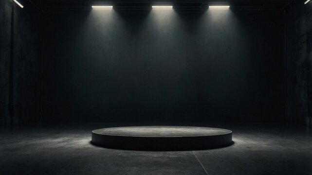 Podium, spotlight, smoke, and abstract textures create a dramatic dark background. A black stage platform stands empty in a moody studio, surrounded by fog, concrete walls, and deep night shadows.

