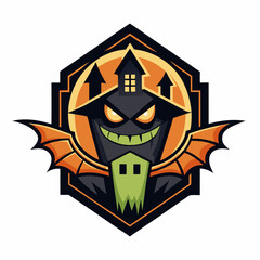 Abstract vector illustration of logo for celebrating children's holiday,halloween yellow pumpkin poster closeup on background.Halloween drawing consisting of tag,label,smile,monster,poster,face,party.