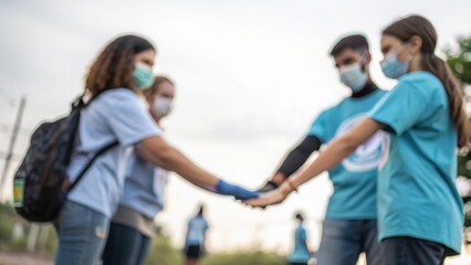 Obraz premium Blurred group of volunteers joining hands symbolizing unity and global cooperation 