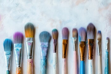 Fototapeta premium A collection of paint brushes with colorful bristles arranged on a textured white surface top view