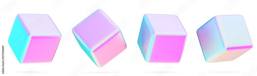 Poster 3d holographic y2k cube set. abstract geometric block shape with bright neon chrome gradient. pearle