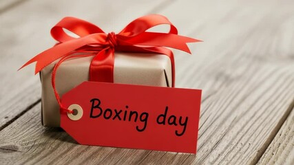 Gift with red bow and boxing day tag on wood table - Powered by Adobe
