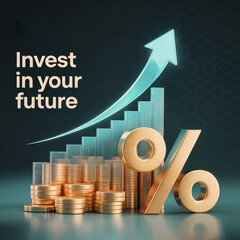 3D Financial Growth Visualization with Teal Bars, Coins, and Glowing Arrow