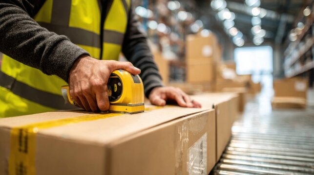 Worker measures box with tape in a warehouse during a busy packing session