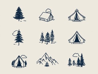 Modern minimalist camping adventure icon set featuring tent, pine tree, and mountain motifs in navy blue and cream white dual-tone, ideal for app UI design and digital branding campaigns. 