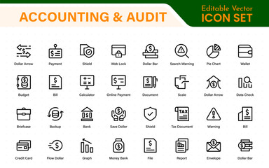 Collection of accounting and audit line icons. Business finance vector pack. Contains icons for tax return, payroll, earnings, income, deductions, ledger, and money management.