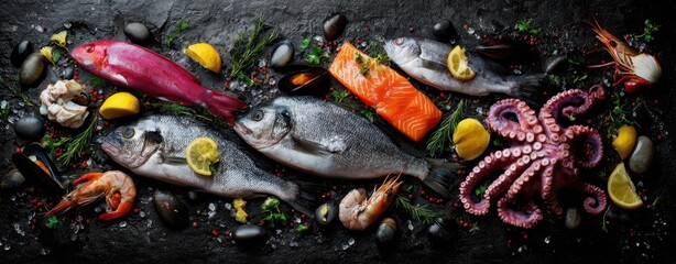 The vibrant display of fresh seafood with a variety of fish, herbs, and garnishes.