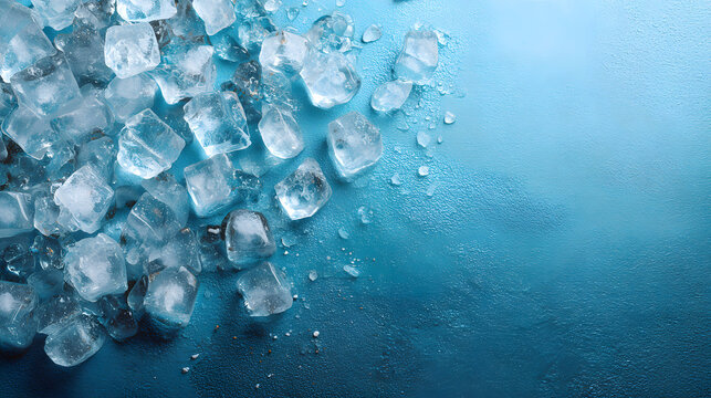 ice cube cold crystal background banner with copy space on blue wet surface top view. empty product display dais table top mockup for frozen food cool beverage drink presentation