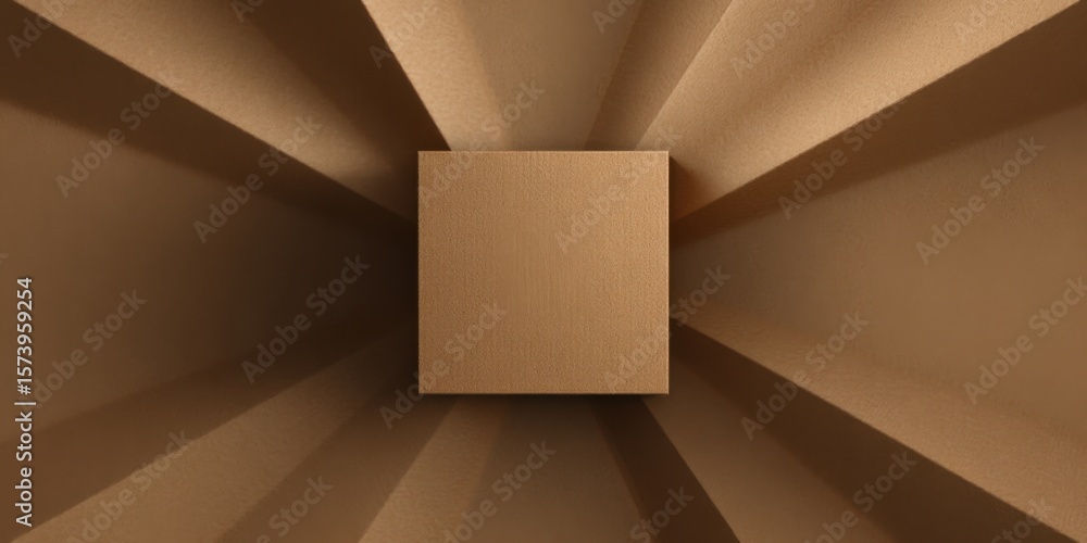 Poster abstract geometric design featuring a central cube surrounded by radial lines in warm tones