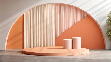 Obraz premium Minimalist Product Display with Peach and Beige Tones and Archway Backdrop