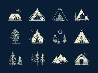 Dual-tone navy blue and cream white camping adventure icon set with tent, pine tree, mountain motifs utilizing negative space, perfect for web UI elements and creative marketing materials.
