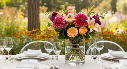 Beautiful floral centerpiece adorns an outdoor dining table setting in a lush garden
