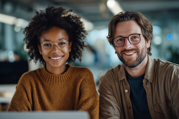 Joyful Interracial Business Collaboration: Young African American Woman and Caucasian Man laughing Together While Working on Laptop in Office Meeting, in Natural Light Discussion