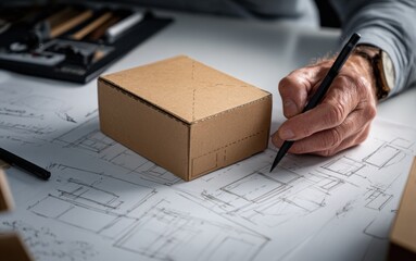 Sketching design concepts for a cardboard packaging project in a creative workspace