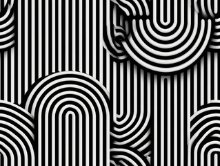 Black and white geometric pattern featuring concentric arches and vertical stripes creating a hypnotic optical illusion.