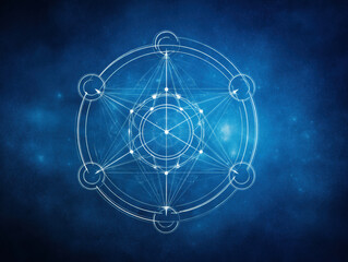  glowing geometric design featuring circles and interconnected lines against a cosmic blue background.