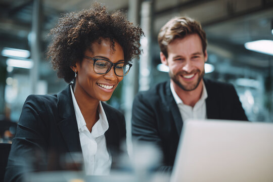 Joyful Interracial Business Collaboration: Young African American Woman and Caucasian Man laughing Together While Working on Laptop in Office Meeting, in Natural Light Discussion