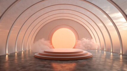 Obraz premium Abstract Minimalist Architecture with a Three Tiered Podium and Sunset Backdrop