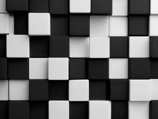 Abstract black and white 3D cubes arranged in a checkerboard pattern creating depth and texture on a wall or surface.