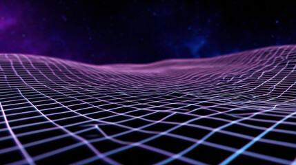  glowing purple wireframe grid undulates across a dark background, creating a futuristic digital landscape effect.