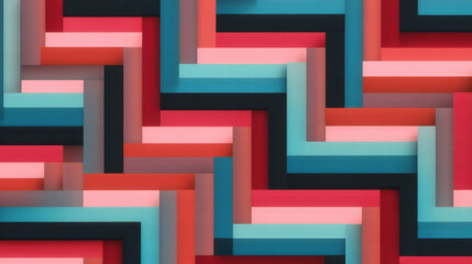 colorful abstract pattern of interlocking rectangular shapes in shades of teal, coral, red, and pink creating a woven visual effect.