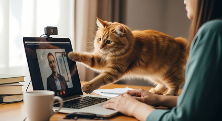 Ginger Cat Interrupts Woman's Video Conference Call