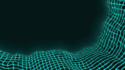 glowing turquoise digital grid with a wavy, distorted surface against a dark background.