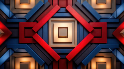 vibrant 3D geometric pattern featuring interlocking red, blue, and beige squares with a textured surface and a glowing center.