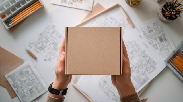 Hands holding a plain cardboard box above a workspace filled with sketches and art supplies in a creative environment