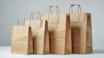 Brown Kraft Paper Shopping Bags in a Row on Light Gray Background
