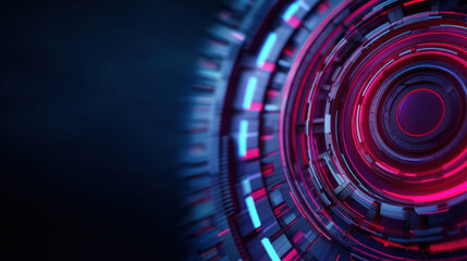 vibrant, futuristic circular digital interface with glowing red and blue lights and intricate geometric patterns.