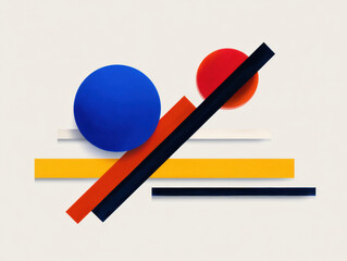 Abstract geometric composition featuring colorful circles and rectangles in blue, red, yellow, black, and white on a light background.