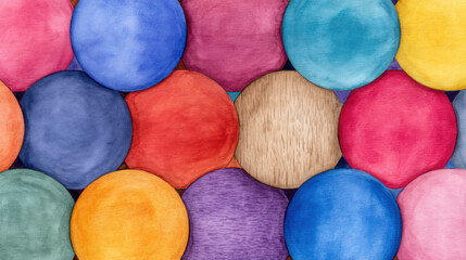Colorful overlapping watercolor circles in various shades create a vibrant, textured abstract pattern with a mix of warm and cool tones.