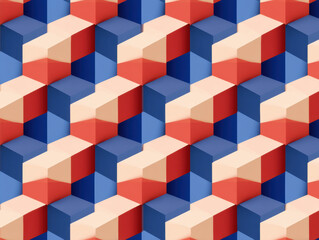  seamless geometric pattern of interlocking 3D cubes in red, blue, and beige shades creating an optical illusion of depth and dimension.