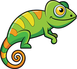 Fototapeta premium Cartoon Chameleon Illustration with Green Body and Yellow Stripes on a White Background