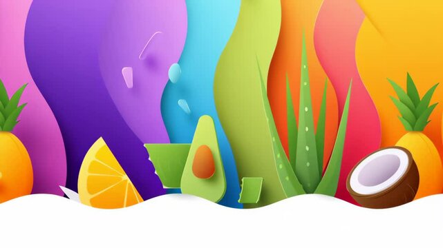 Colorful background with a variety of fruits and vegetables including avocados, coconuts, and oranges