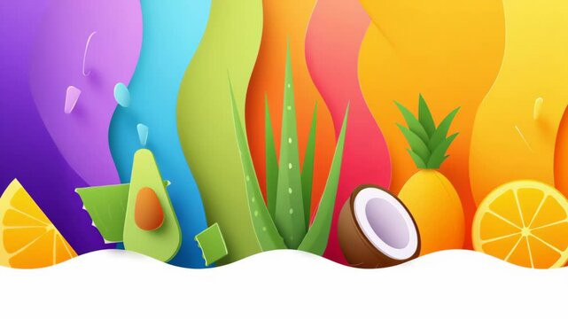 Colorful background with a variety of fruits and vegetables including avocados, coconuts, and oranges