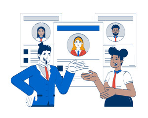 HR managers discussing resumes doodle illustration concept. Corporate careers. Hiring conversation with CVs candidate profiles cartoon 2D characters isolated on white. Hand drawn vector metaphor