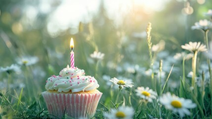 Colorful Birthday Cupcake with Candle Surrounded by Daisies