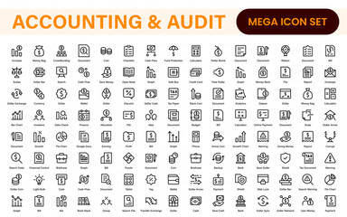 Collection of accounting and audit line icons. Business finance vector pack. Contains icons for tax return, payroll, earnings, income, deductions, ledger, and money management.
